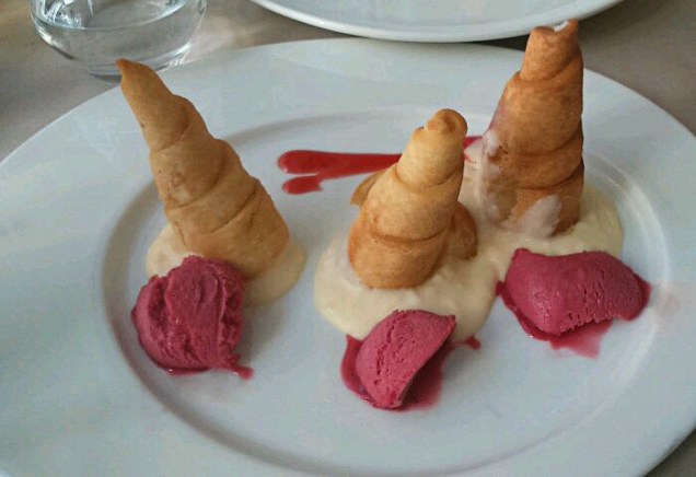 -Canutillos rellenos de crema pastelera acompañado de salsa y helado de frambuesa